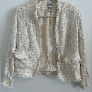 Chicos tweed style blazer. Cream, tan, and silver threads. Size 0